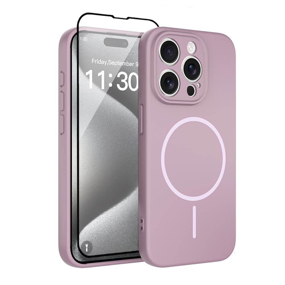 For iPhone 15 Pro Magnetic Case PC + TPU Phone Cover with Tempered Glass Screen Film - Purple