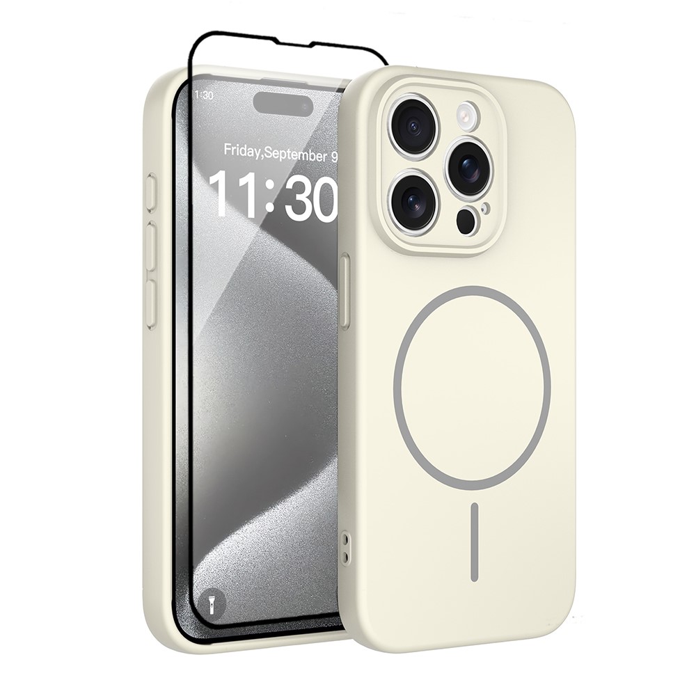 For iPhone 15 Pro Magnetic Case PC + TPU Phone Cover with Tempered Glass Screen Film - Antique White