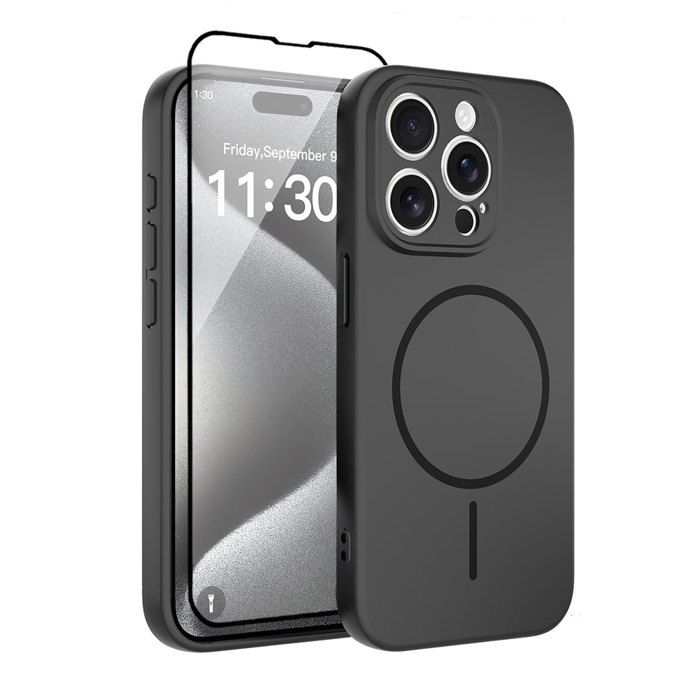 For iPhone 15 Pro Magnetic Case PC + TPU Phone Cover with Tempered Glass Screen Film - Black