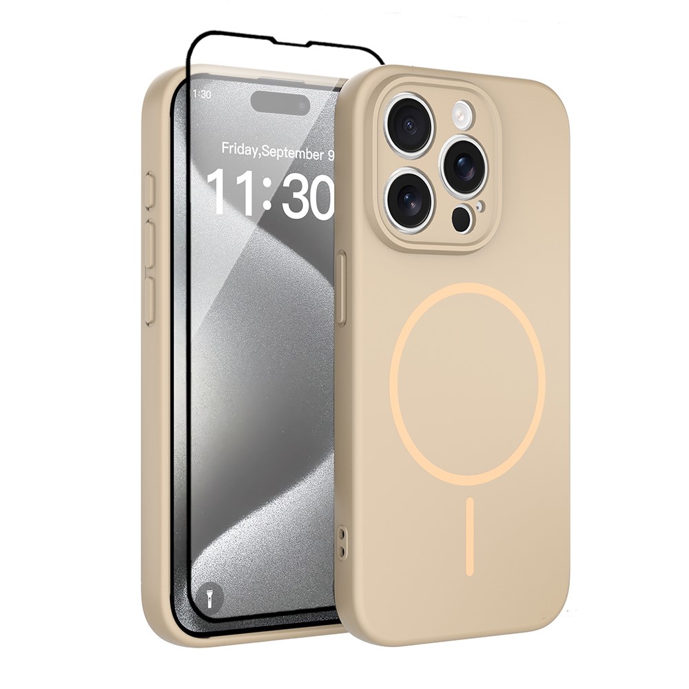 For iPhone 15 Pro Magnetic Case PC + TPU Phone Cover with Tempered Glass Screen Film - Desert Gold