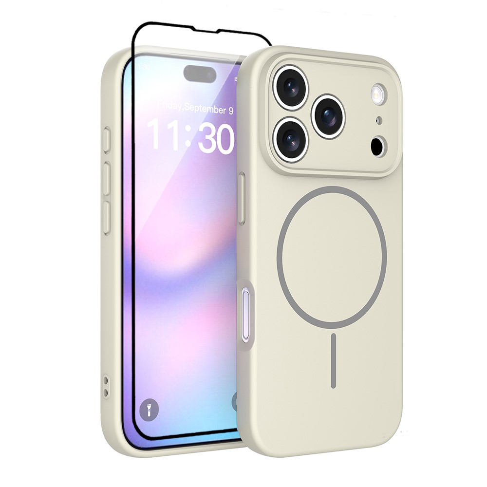For iPhone 17 Pro Magnetic Case PC + TPU Phone Cover with Tempered Glass Screen Film - Antique White