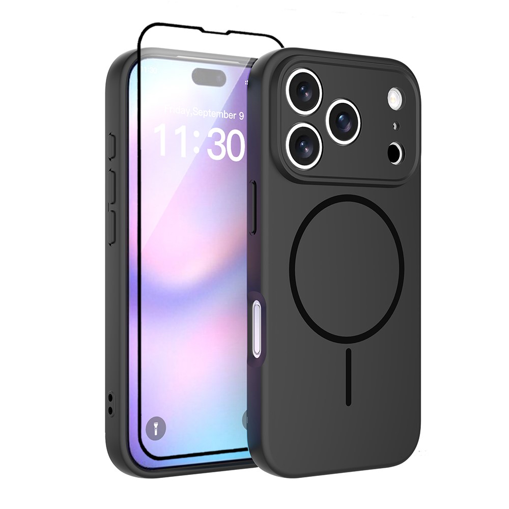 For iPhone 17 Pro Magnetic Case PC + TPU Phone Cover with Tempered Glass Screen Film - Black