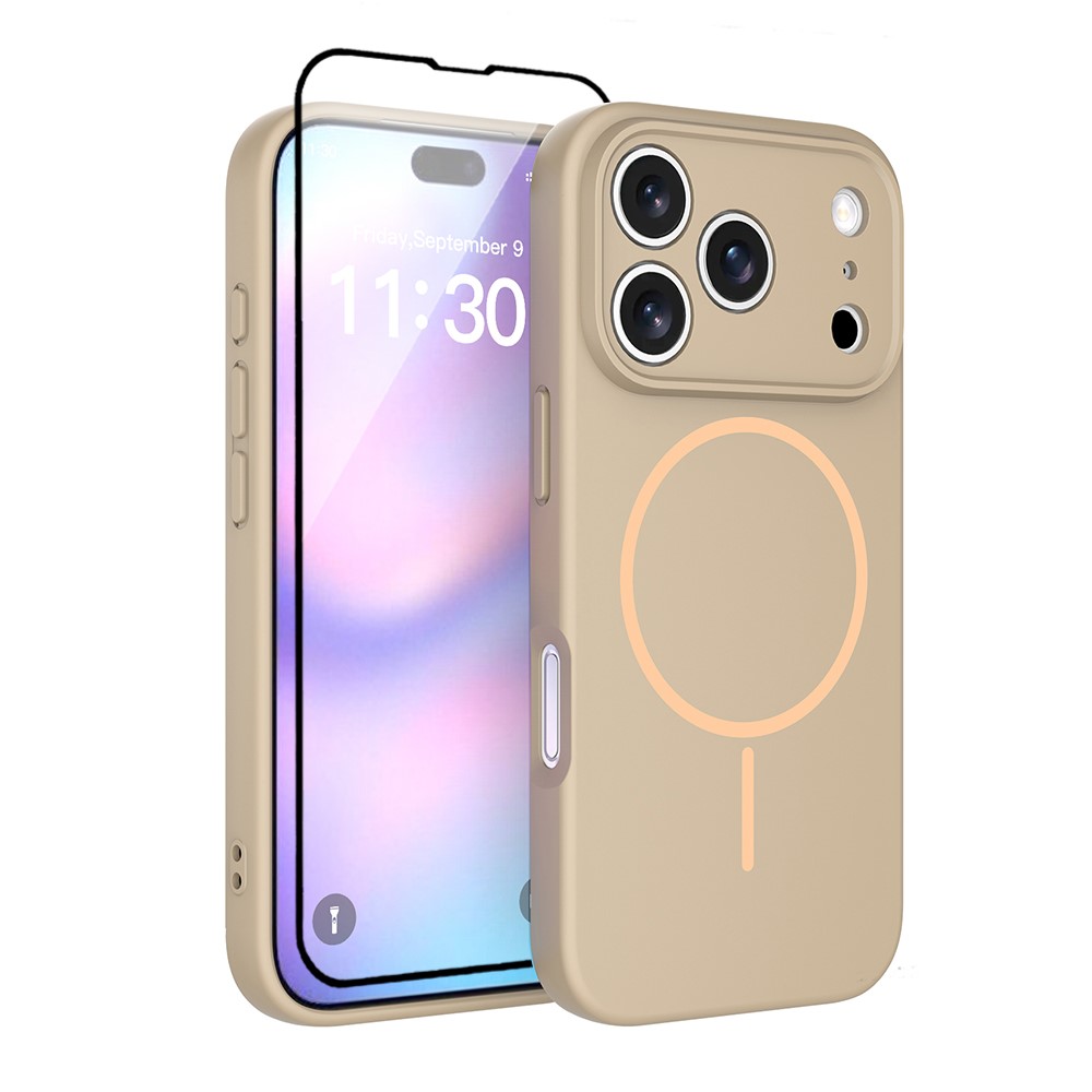For iPhone 17 Pro Magnetic Case PC + TPU Phone Cover with Tempered Glass Screen Film - Desert Gold