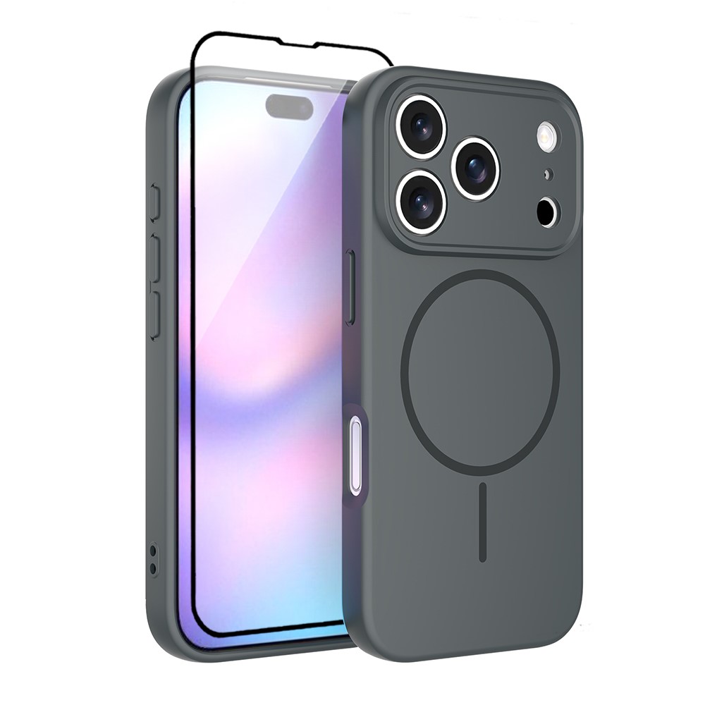 For iPhone 17 Pro Magnetic Case PC + TPU Phone Cover with Tempered Glass Screen Film - Dark Grey