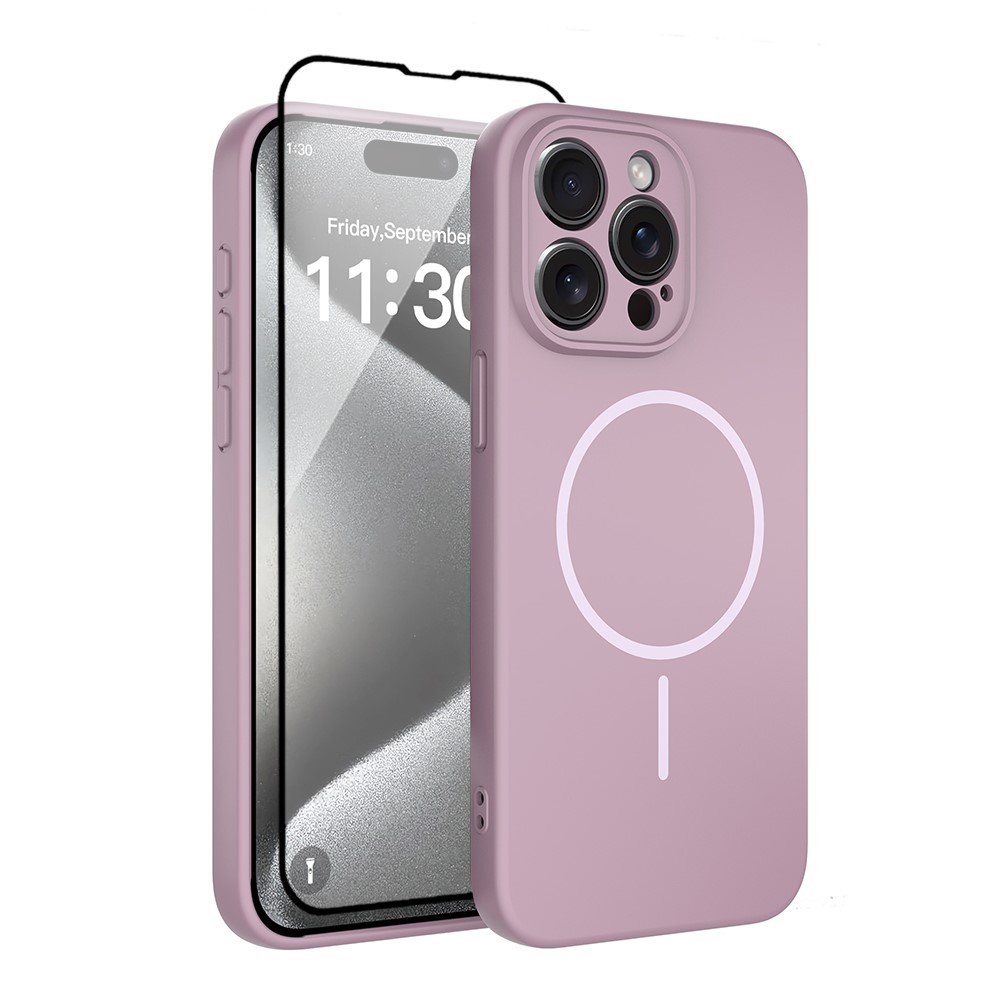 For iPhone 15 Pro Max Magnetic Case PC + TPU Phone Cover with Tempered Glass Screen Film - Purple