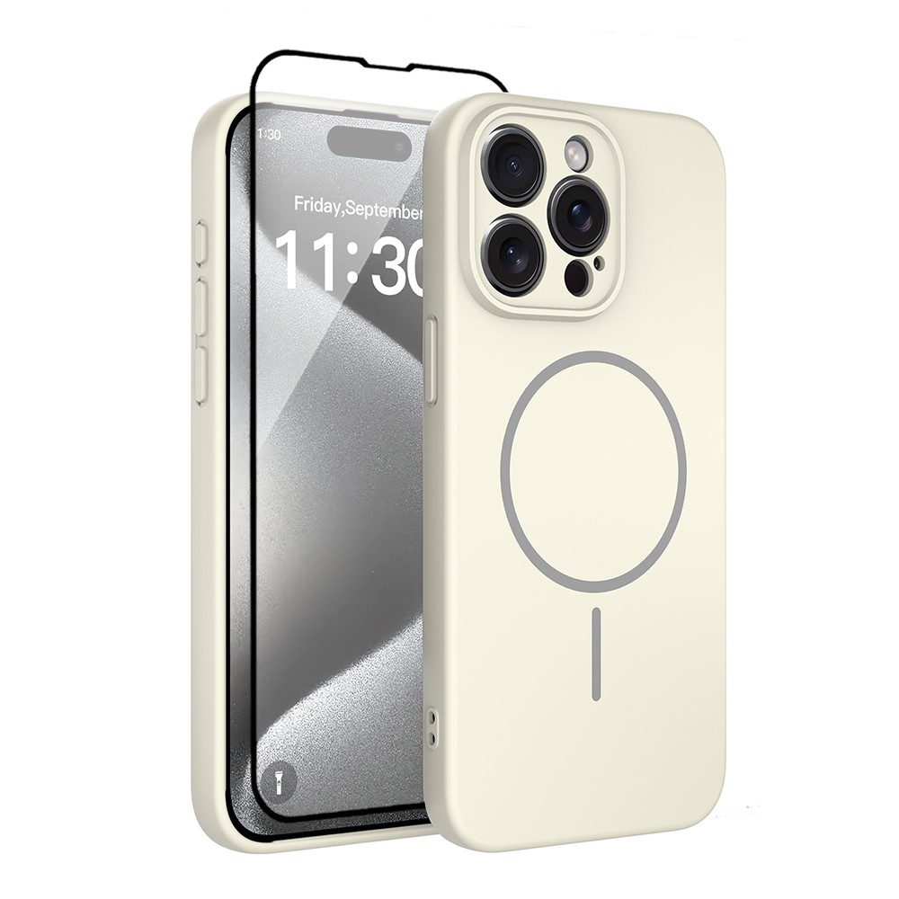 For iPhone 15 Pro Max Magnetic Case PC + TPU Phone Cover with Tempered Glass Screen Film - Antique White