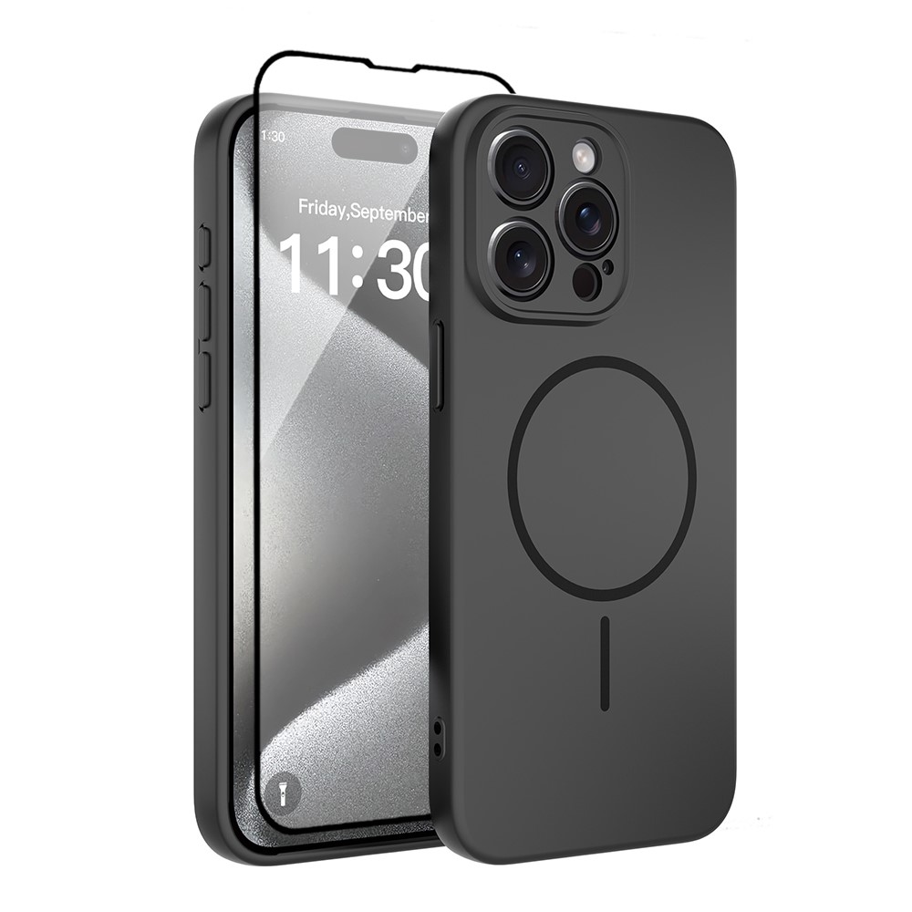 For iPhone 15 Pro Max Magnetic Case PC + TPU Phone Cover with Tempered Glass Screen Film - Black