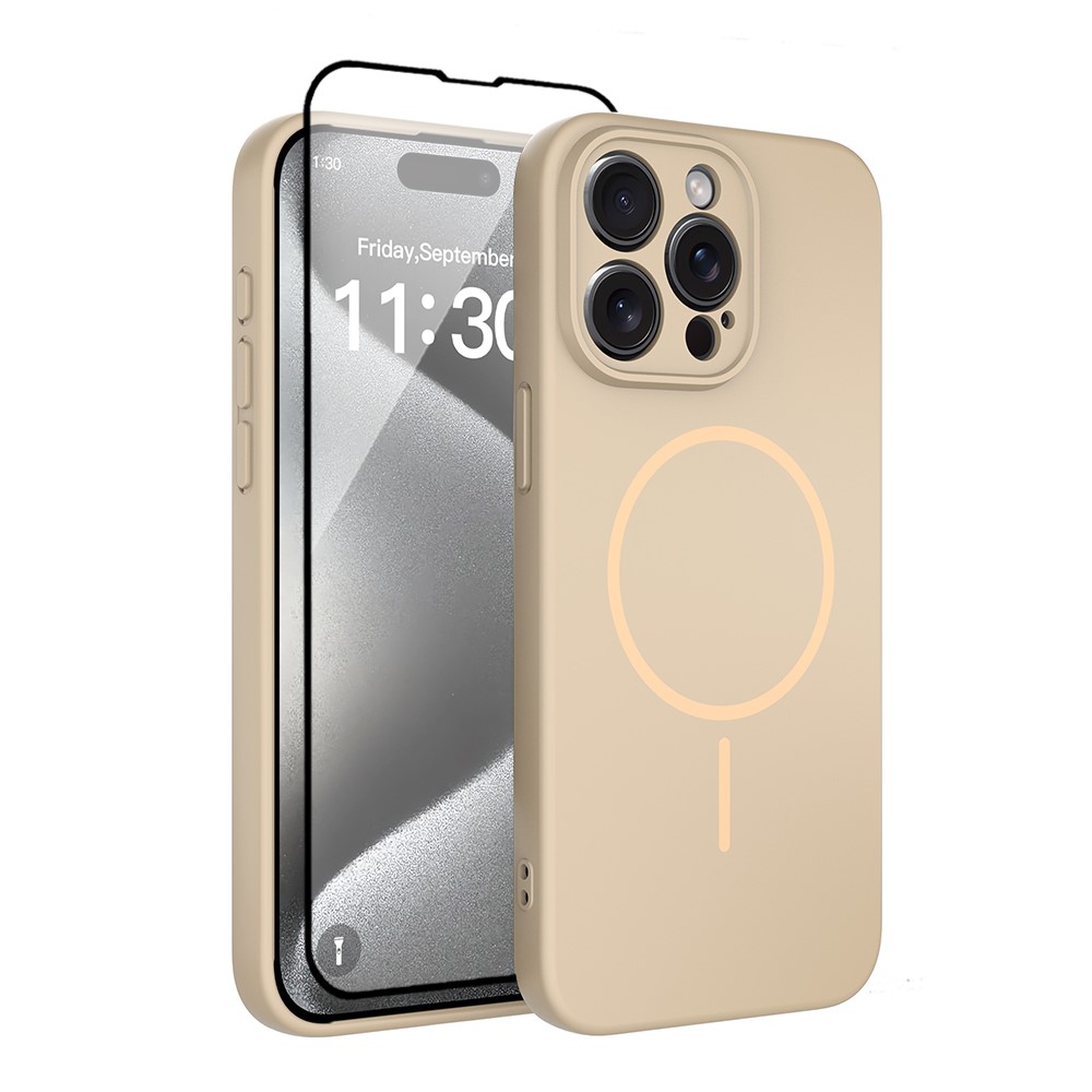 For iPhone 15 Pro Max Magnetic Case PC + TPU Phone Cover with Tempered Glass Screen Film - Desert Gold