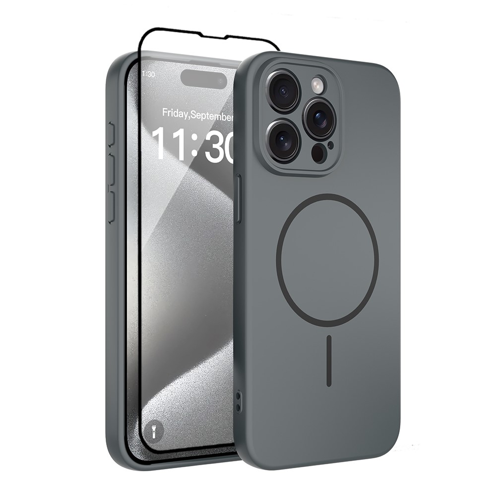 For iPhone 15 Pro Max Magnetic Case PC + TPU Phone Cover with Tempered Glass Screen Film - Dark Grey