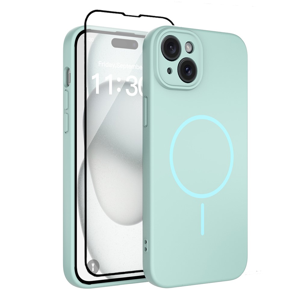 For iPhone 15 Plus Magnetic Case PC + TPU Phone Cover with Tempered Glass Screen Film - Blue