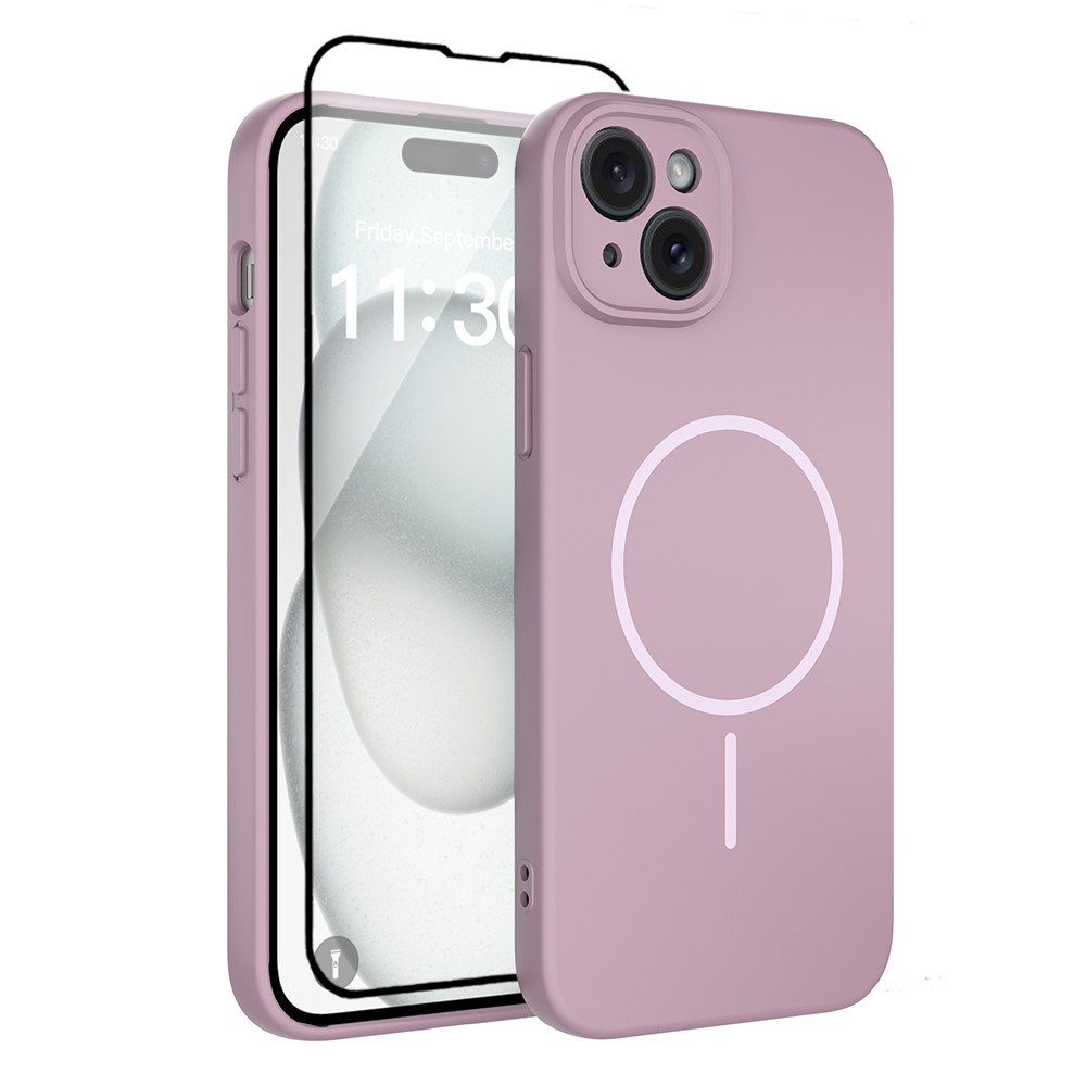 For iPhone 15 Plus Magnetic Case PC + TPU Phone Cover with Tempered Glass Screen Film - Purple