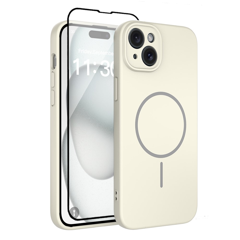 For iPhone 15 Plus Magnetic Case PC + TPU Phone Cover with Tempered Glass Screen Film - Antique White