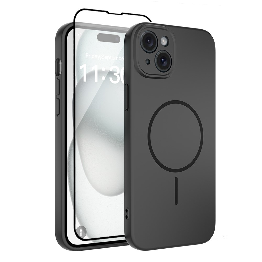 For iPhone 15 Plus Magnetic Case PC + TPU Phone Cover with Tempered Glass Screen Film - Black