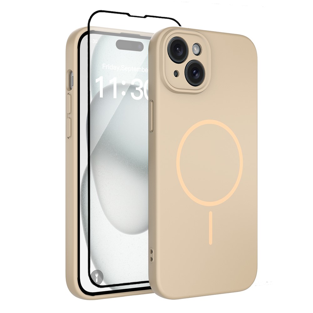 For iPhone 15 Plus Magnetic Case PC + TPU Phone Cover with Tempered Glass Screen Film - Desert Gold