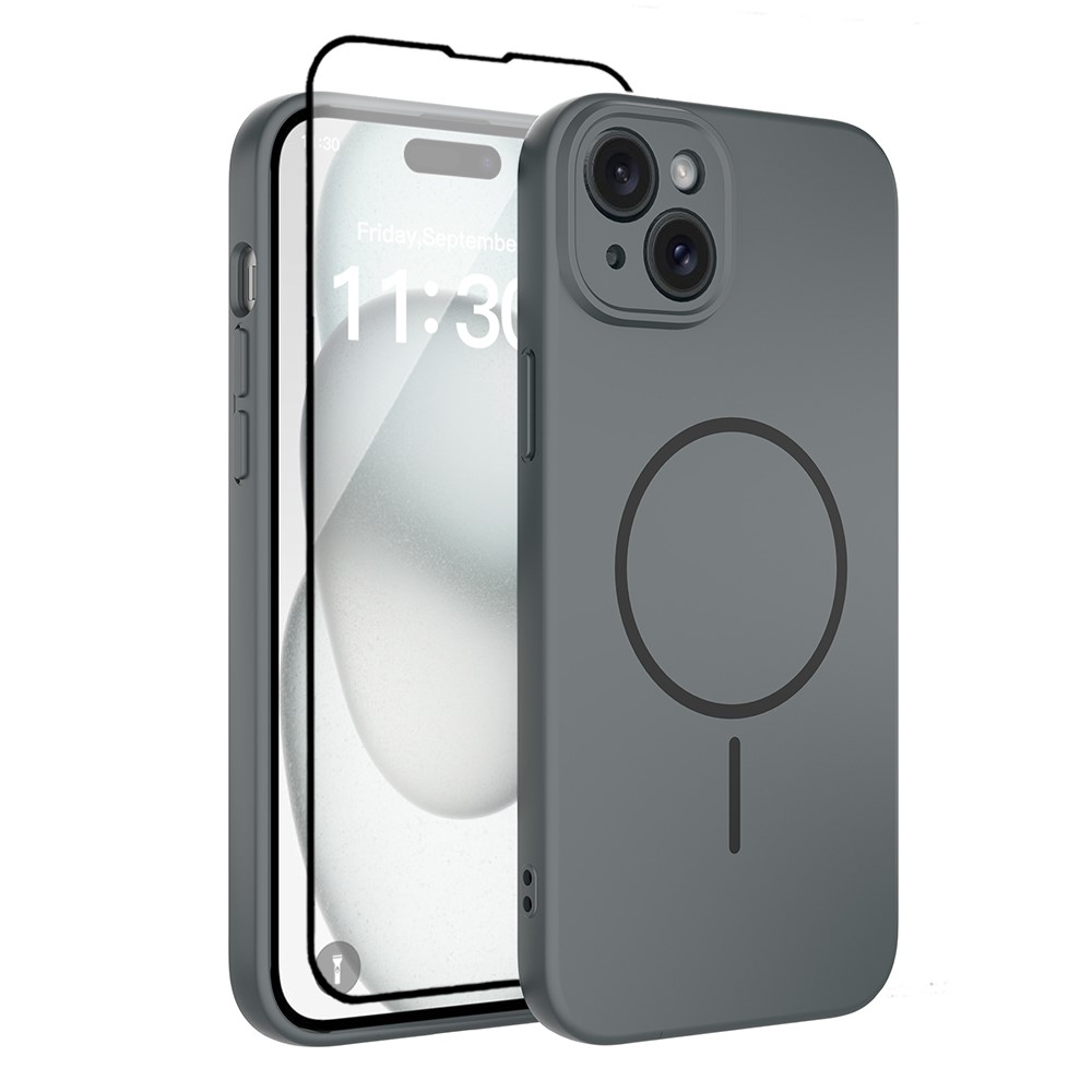 For iPhone 15 Plus Magnetic Case PC + TPU Phone Cover with Tempered Glass Screen Film - Dark Grey