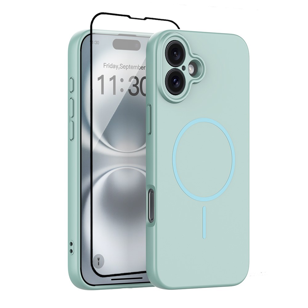 For iPhone 16 Plus Magnetic Case PC + TPU Phone Cover with Tempered Glass Screen Film - Blue