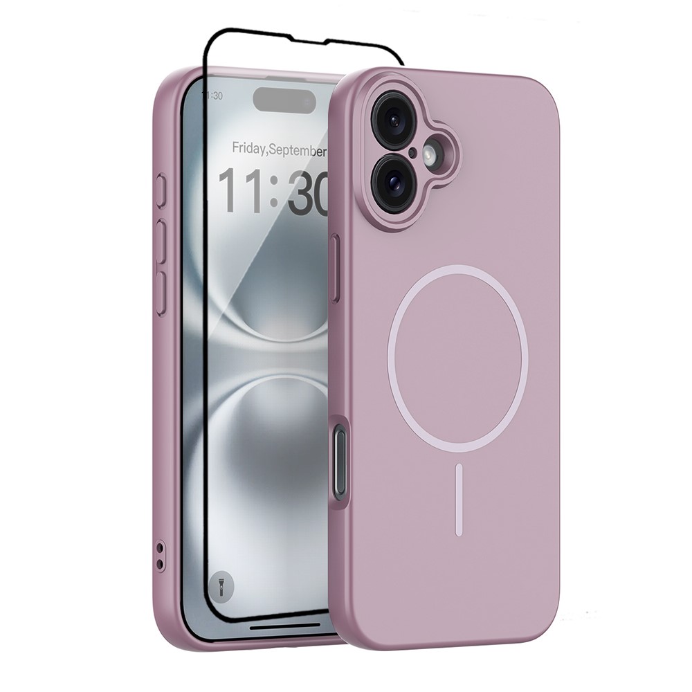 For iPhone 16 Plus Magnetic Case PC + TPU Phone Cover with Tempered Glass Screen Film - Purple