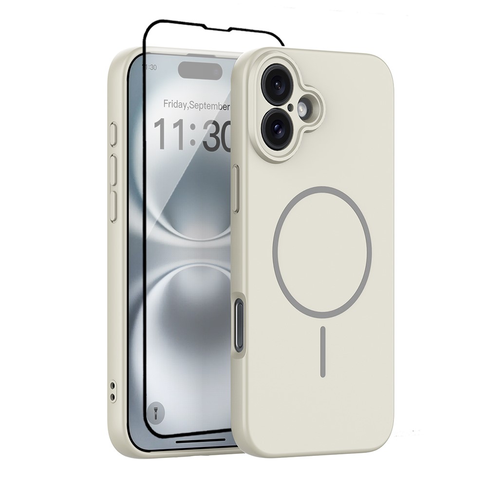 For iPhone 16 Plus Magnetic Case PC + TPU Phone Cover with Tempered Glass Screen Film - Antique White