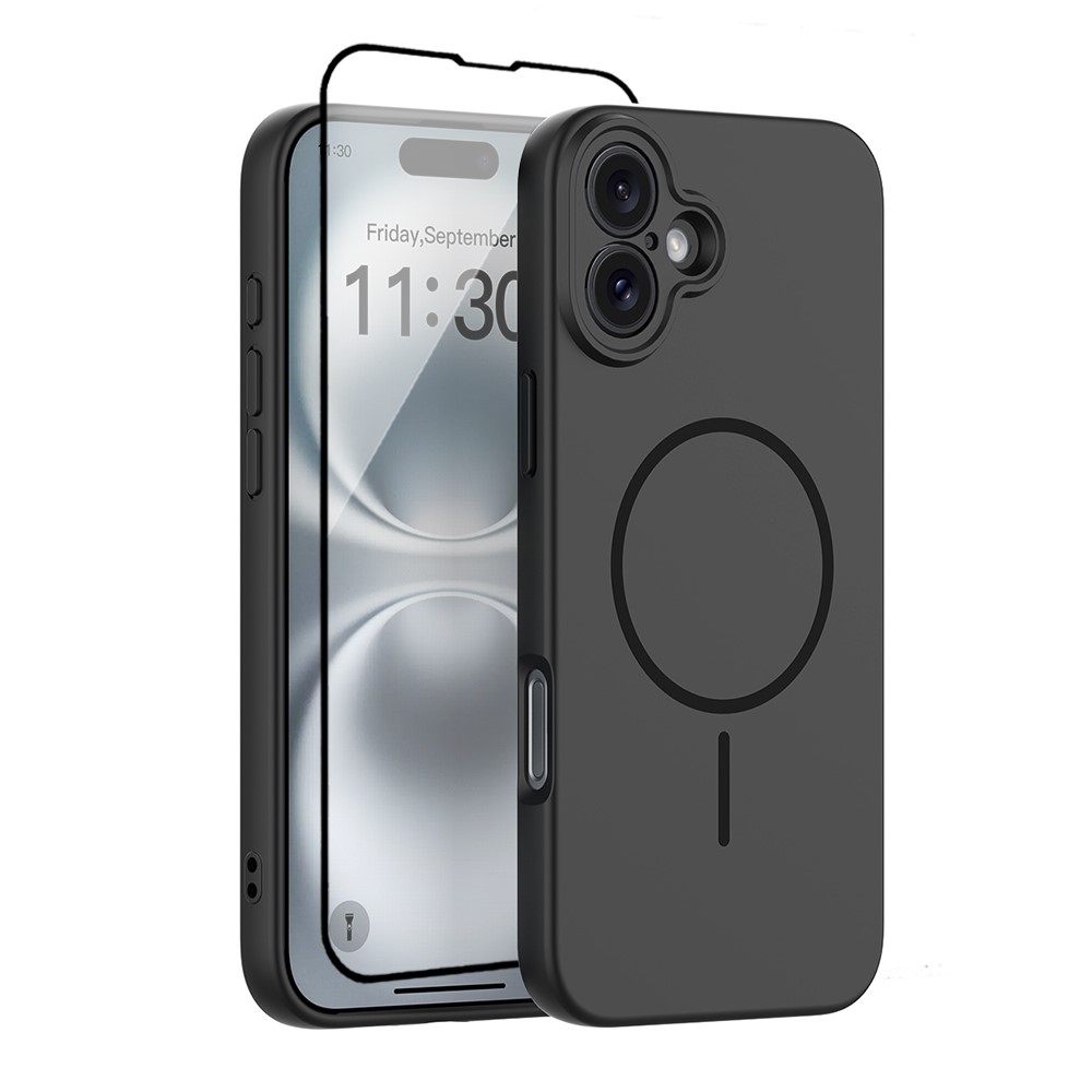 For iPhone 16 Plus Magnetic Case PC + TPU Phone Cover with Tempered Glass Screen Film - Black