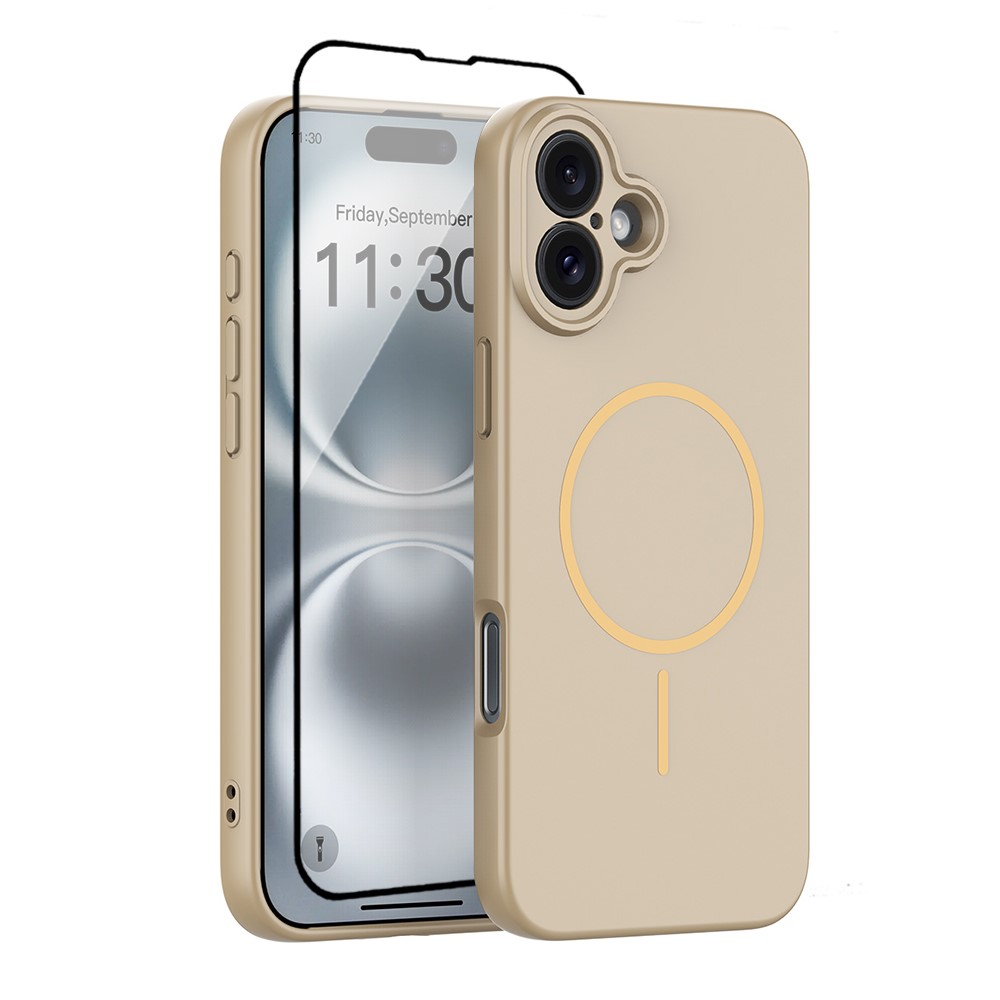 For iPhone 16 Plus Magnetic Case PC + TPU Phone Cover with Tempered Glass Screen Film - Desert Gold