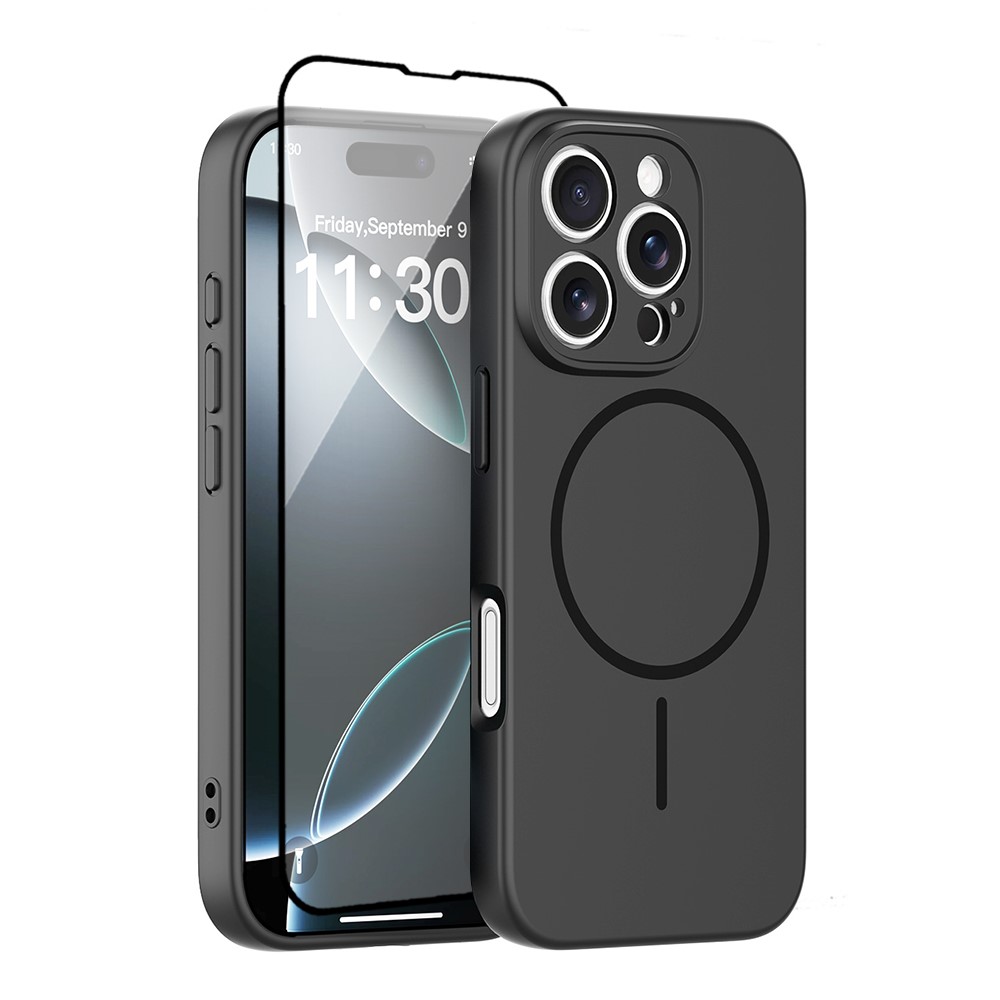 For iPhone 16 Pro Magnetic Case PC + TPU Phone Cover with Tempered Glass Screen Film - Black
