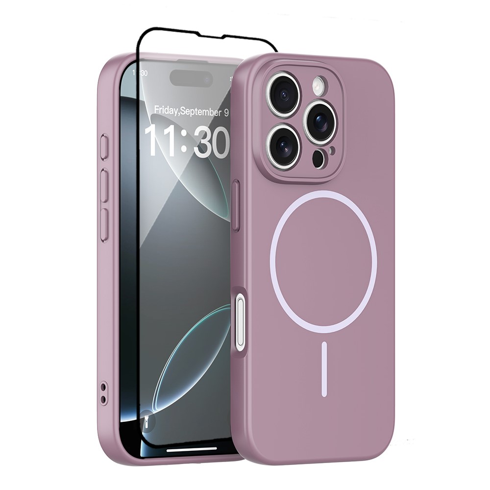 For iPhone 16 Pro Magnetic Case PC + TPU Phone Cover with Tempered Glass Screen Film - Purple