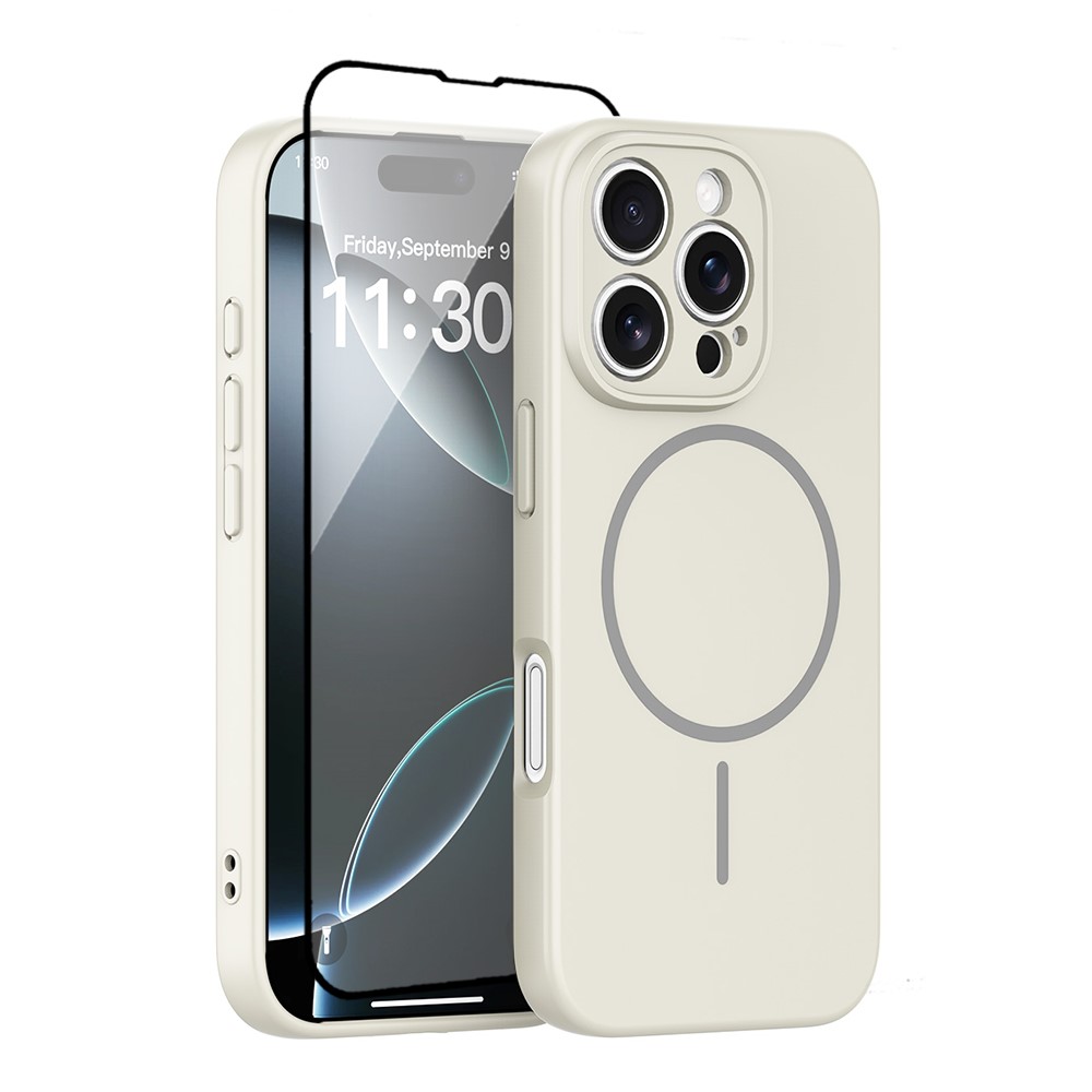 For iPhone 16 Pro Magnetic Case PC + TPU Phone Cover with Tempered Glass Screen Film - Antique White