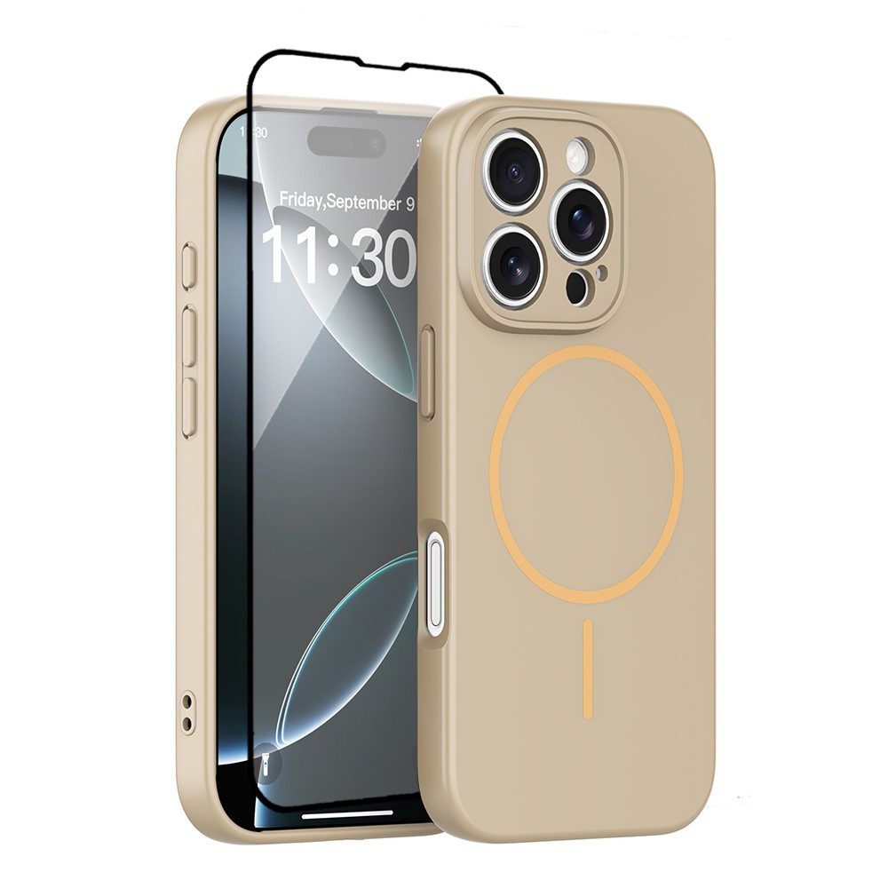 For iPhone 16 Pro Magnetic Case PC + TPU Phone Cover with Tempered Glass Screen Film - Desert Gold