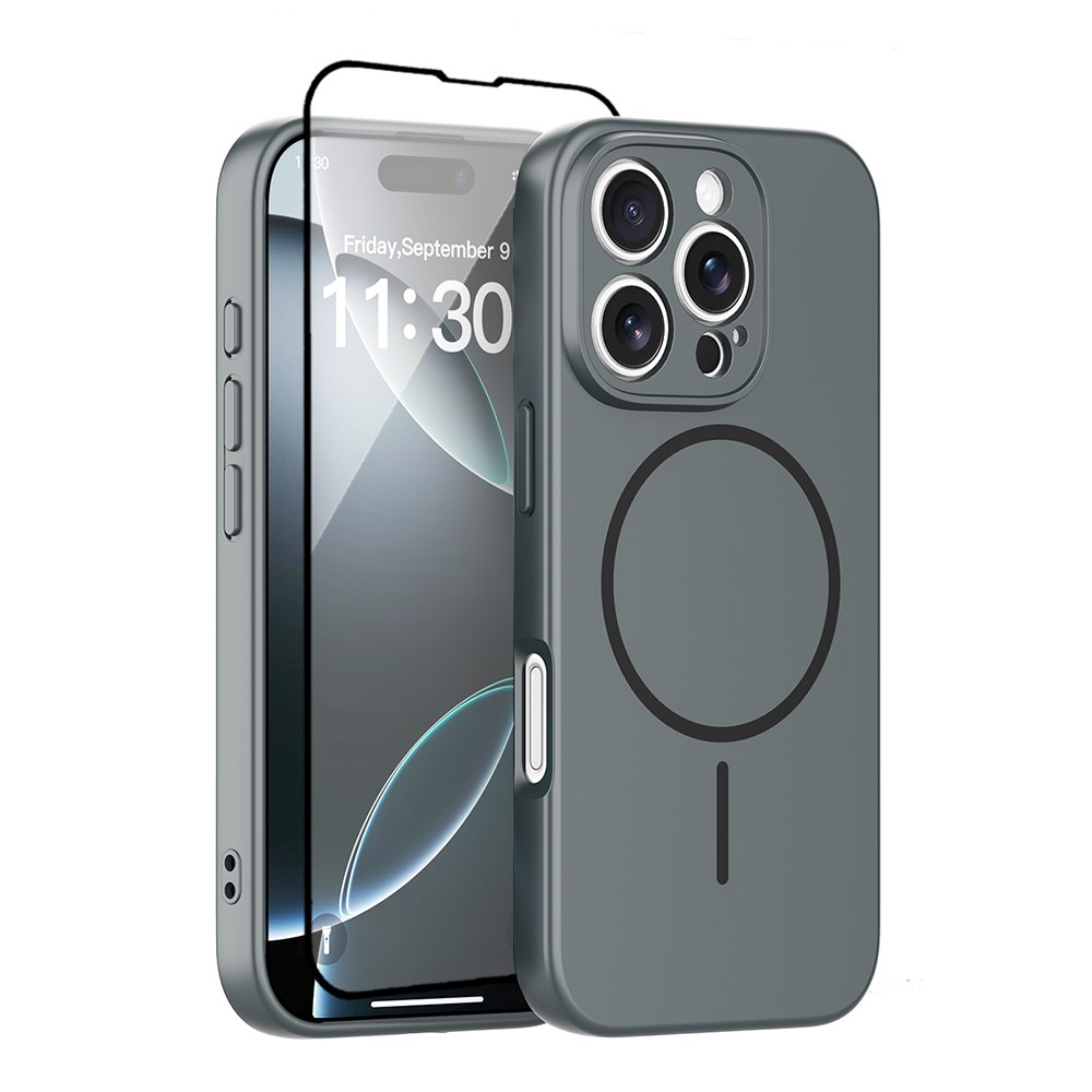 For iPhone 16 Pro Magnetic Case PC + TPU Phone Cover with Tempered Glass Screen Film - Dark Grey
