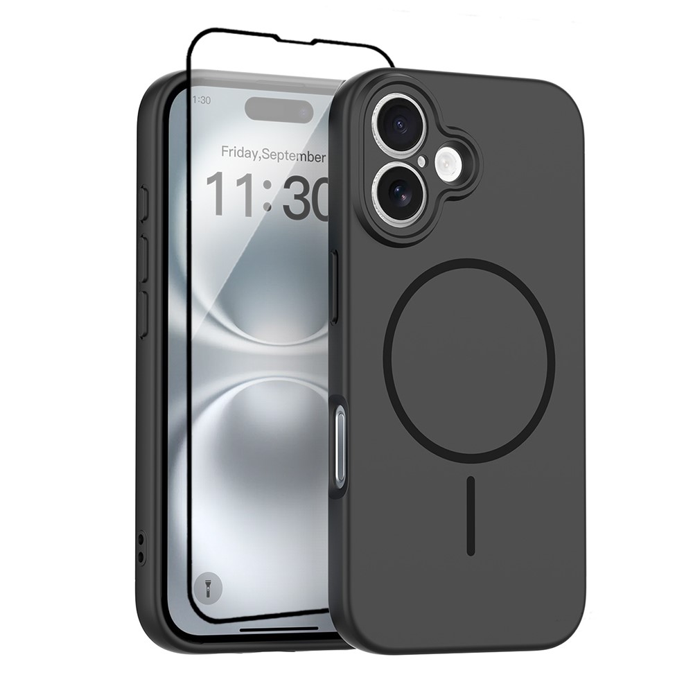 For iPhone 16 Magnetic Case PC + TPU Phone Cover with Tempered Glass Screen Film - Black