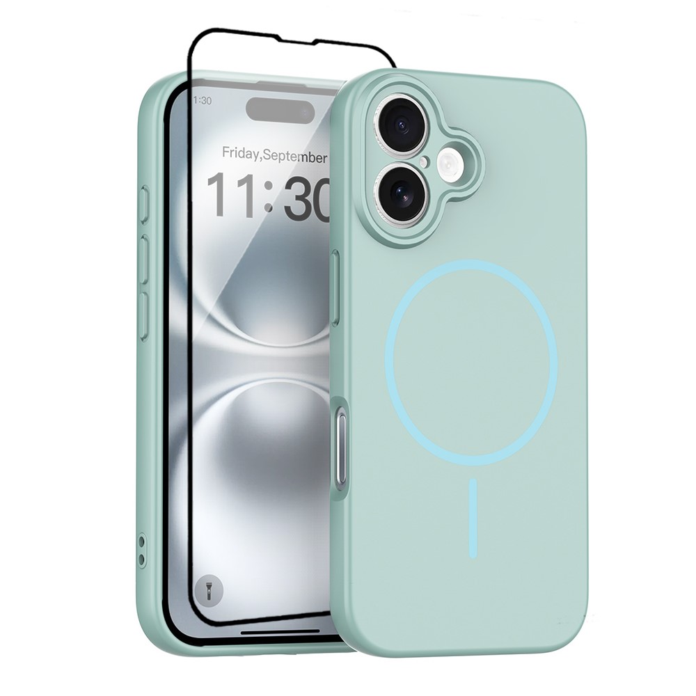 For iPhone 16 Magnetic Case PC + TPU Phone Cover with Tempered Glass Screen Film - Blue