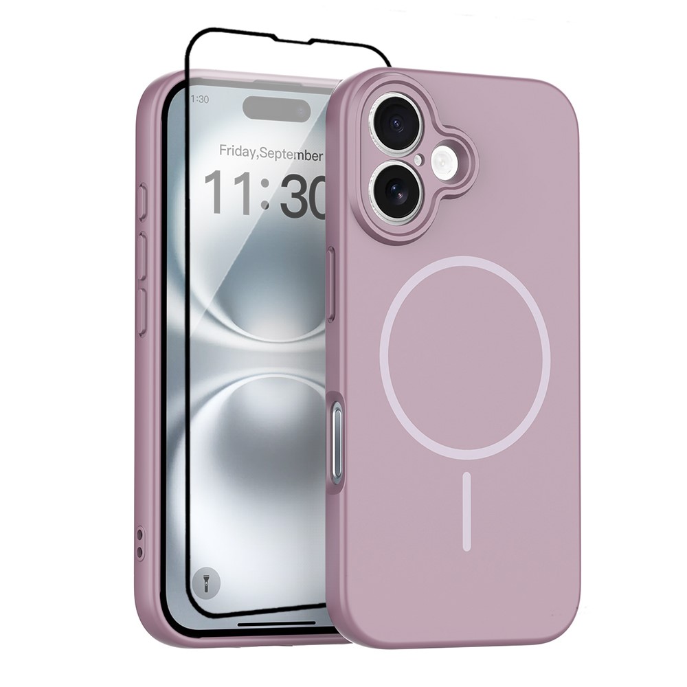 For iPhone 16 Magnetic Case PC + TPU Phone Cover with Tempered Glass Screen Film - Purple
