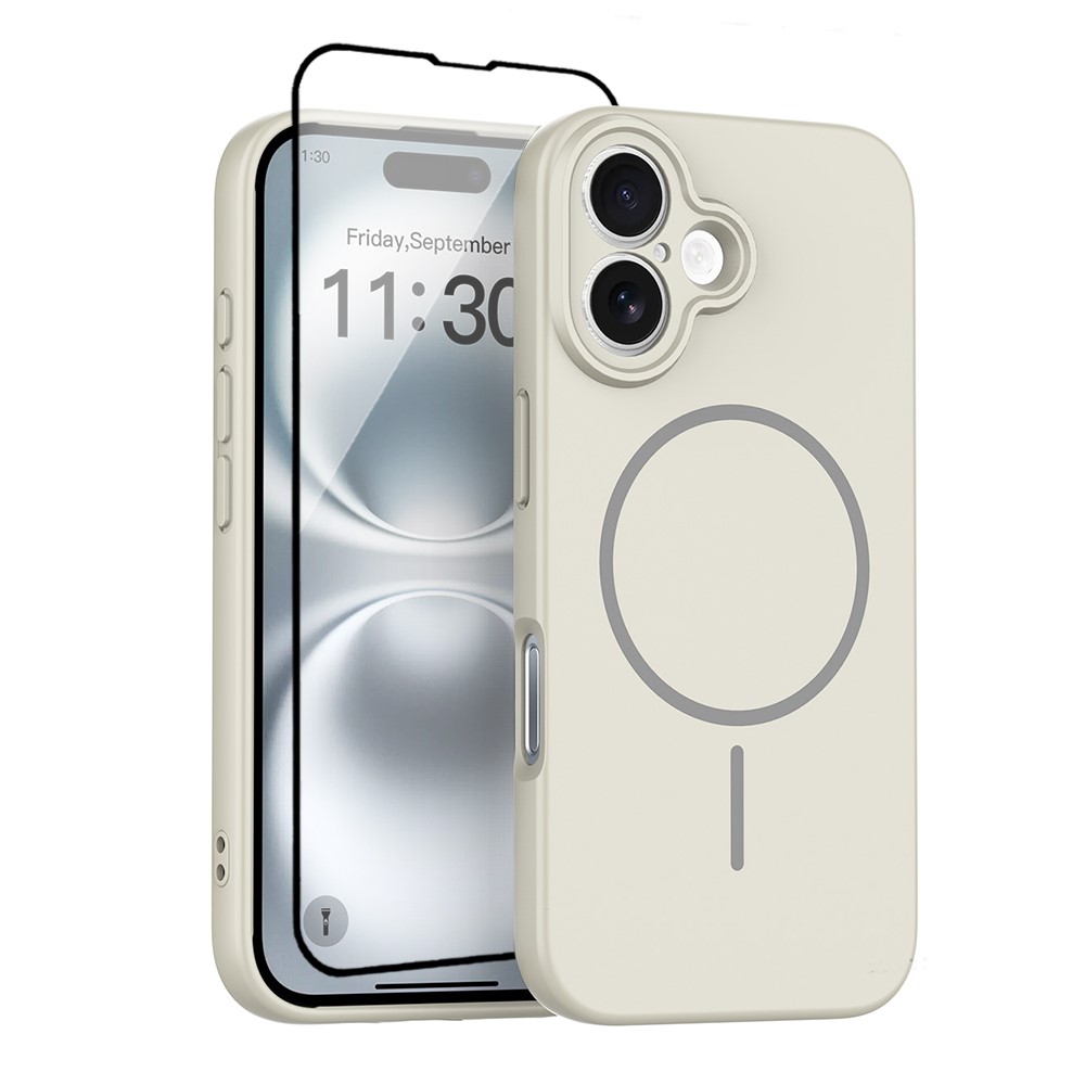For iPhone 16 Magnetic Case PC + TPU Phone Cover with Tempered Glass Screen Film - Antique White