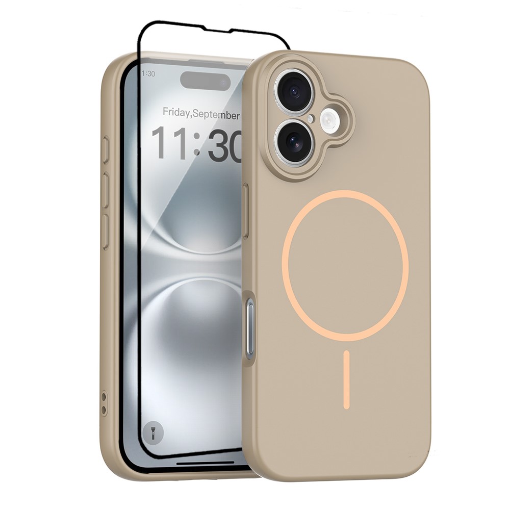 For iPhone 16 Magnetic Case PC + TPU Phone Cover with Tempered Glass Screen Film - Desert Gold