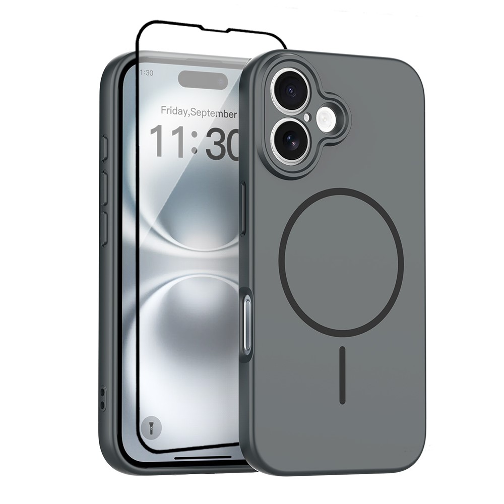 For iPhone 16 Magnetic Case PC + TPU Phone Cover with Tempered Glass Screen Film - Dark Grey