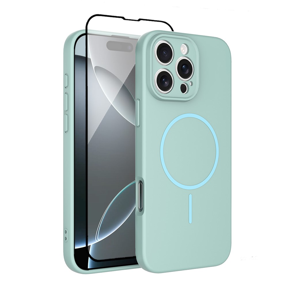 For iPhone 16 Pro Max Magnetic Case PC + TPU Phone Cover with Tempered Glass Screen Film - Blue