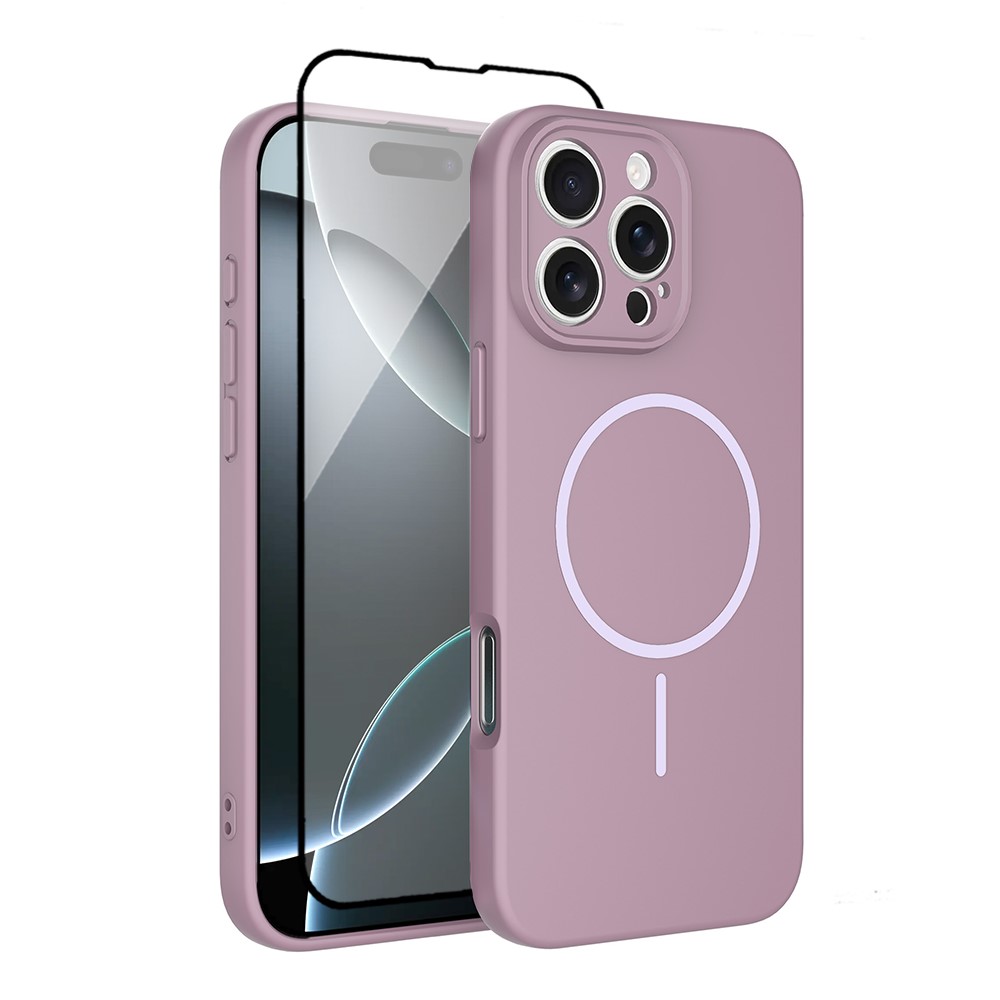 For iPhone 16 Pro Max Magnetic Case PC + TPU Phone Cover with Tempered Glass Screen Film - Purple