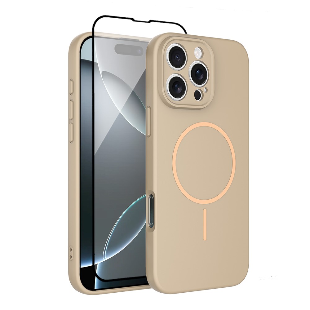 For iPhone 16 Pro Max Magnetic Case PC + TPU Phone Cover with Tempered Glass Screen Film - Desert Gold