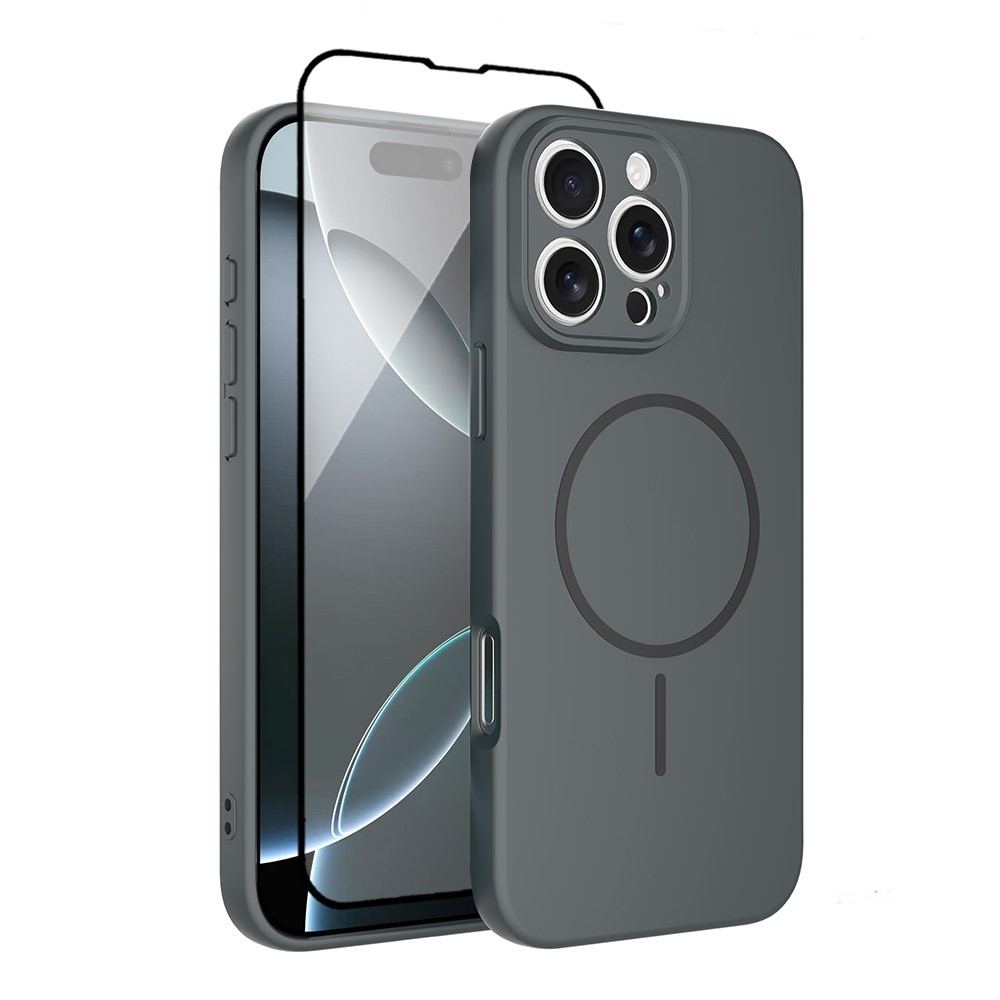 For iPhone 16 Pro Max Magnetic Case PC + TPU Phone Cover with Tempered Glass Screen Film - Dark Grey