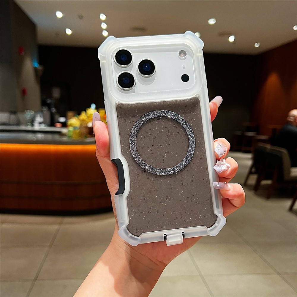 For iPhone 17 Pro Case Compatible with MagSafe Reinforced Corner TPU + PC Transparent Glitter Phone Cover - Transparent Black