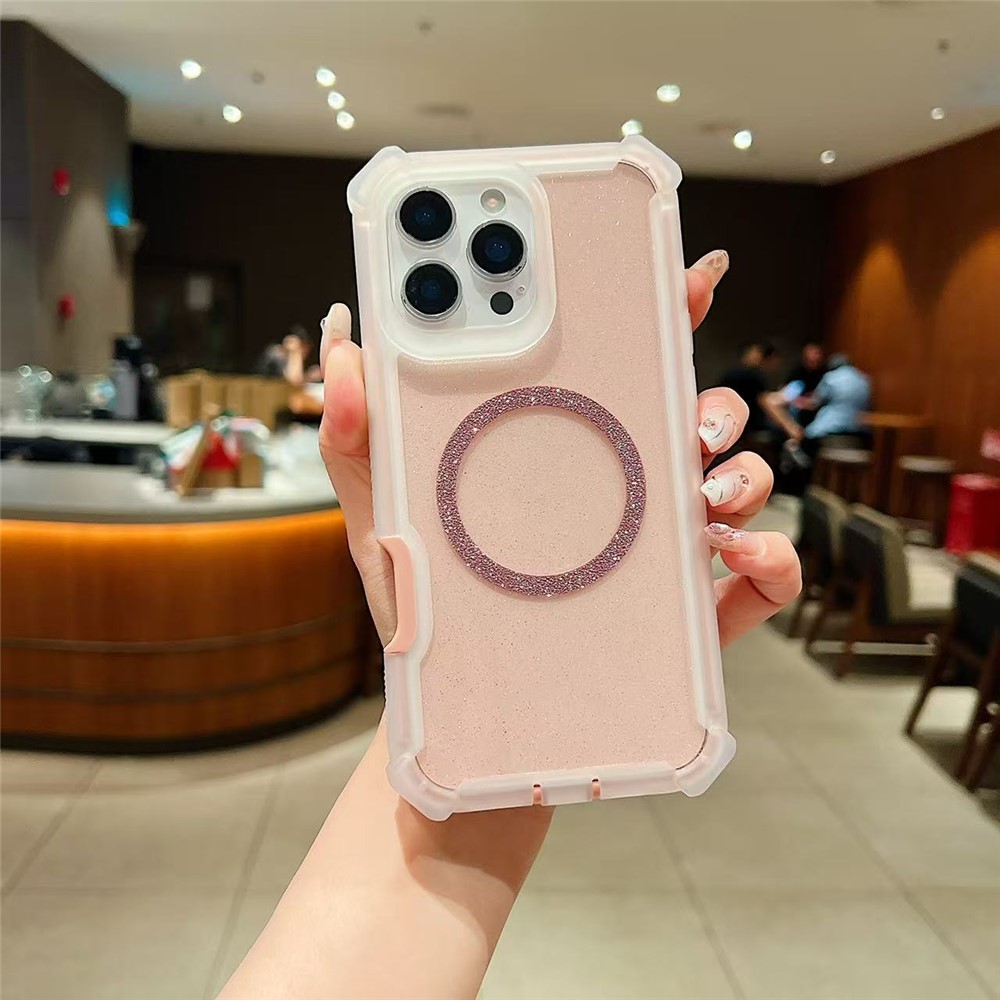 For iPhone 16 Pro Case Compatible with MagSafe Reinforced Corner TPU + PC Transparent Glitter Phone Cover - Transparent Pink