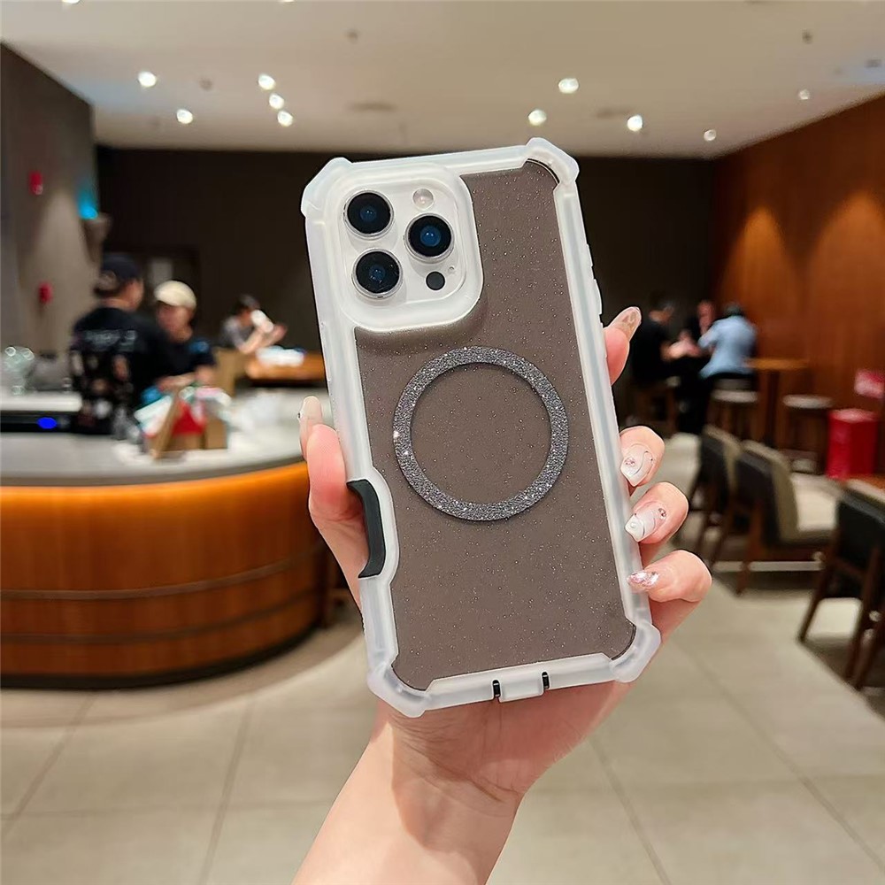 For iPhone 16 Pro Case Compatible with MagSafe Reinforced Corner TPU + PC Transparent Glitter Phone Cover - Transparent Black