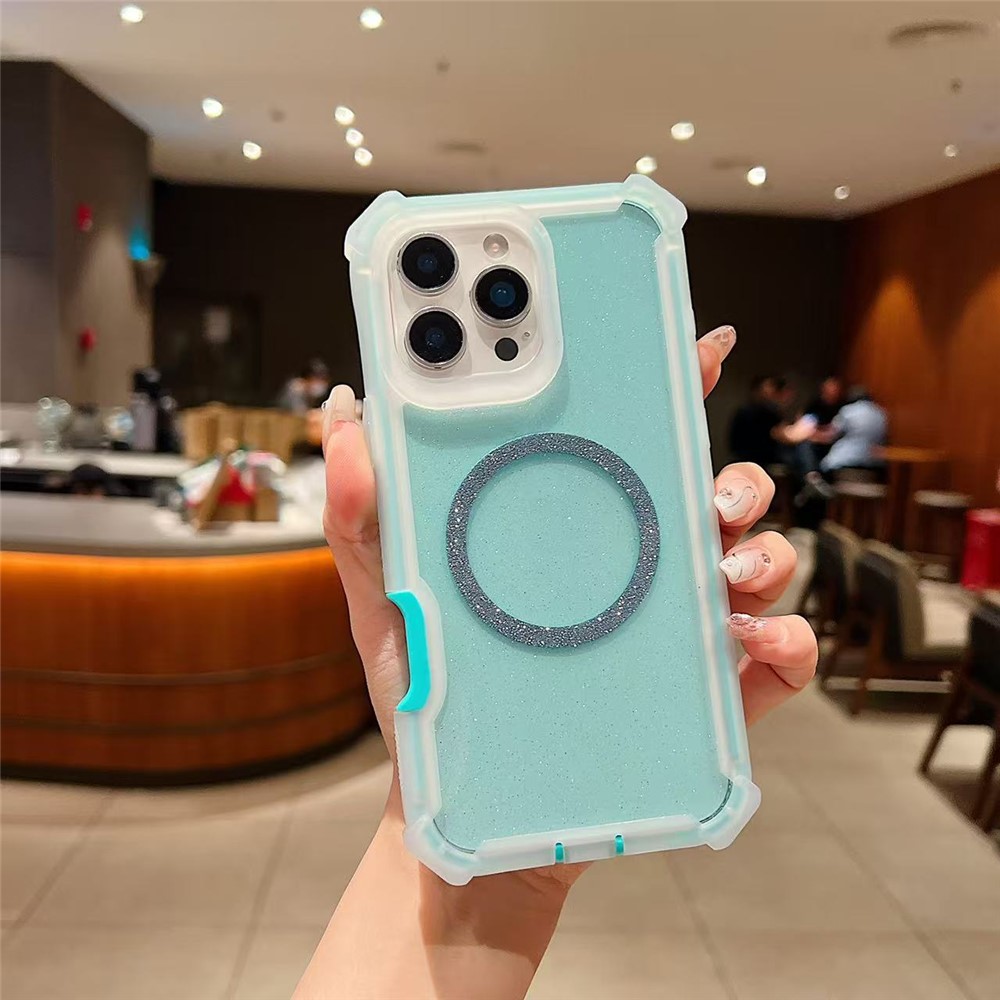 For iPhone 16 Pro Case Compatible with MagSafe Reinforced Corner TPU + PC Transparent Glitter Phone Cover - Transparent Blue