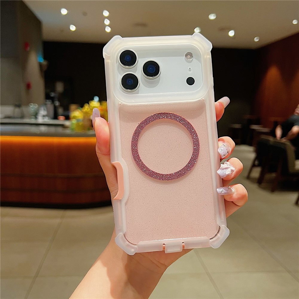 For iPhone 17 Pro Max Case Compatible with MagSafe Reinforced Corner TPU + PC Transparent Glitter Phone Cover - Transparent Pink