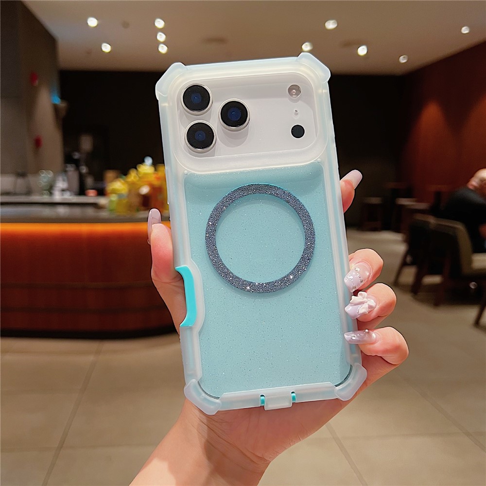 For iPhone 17 Pro Max Case Compatible with MagSafe Reinforced Corner TPU + PC Transparent Glitter Phone Cover - Transparent Blue