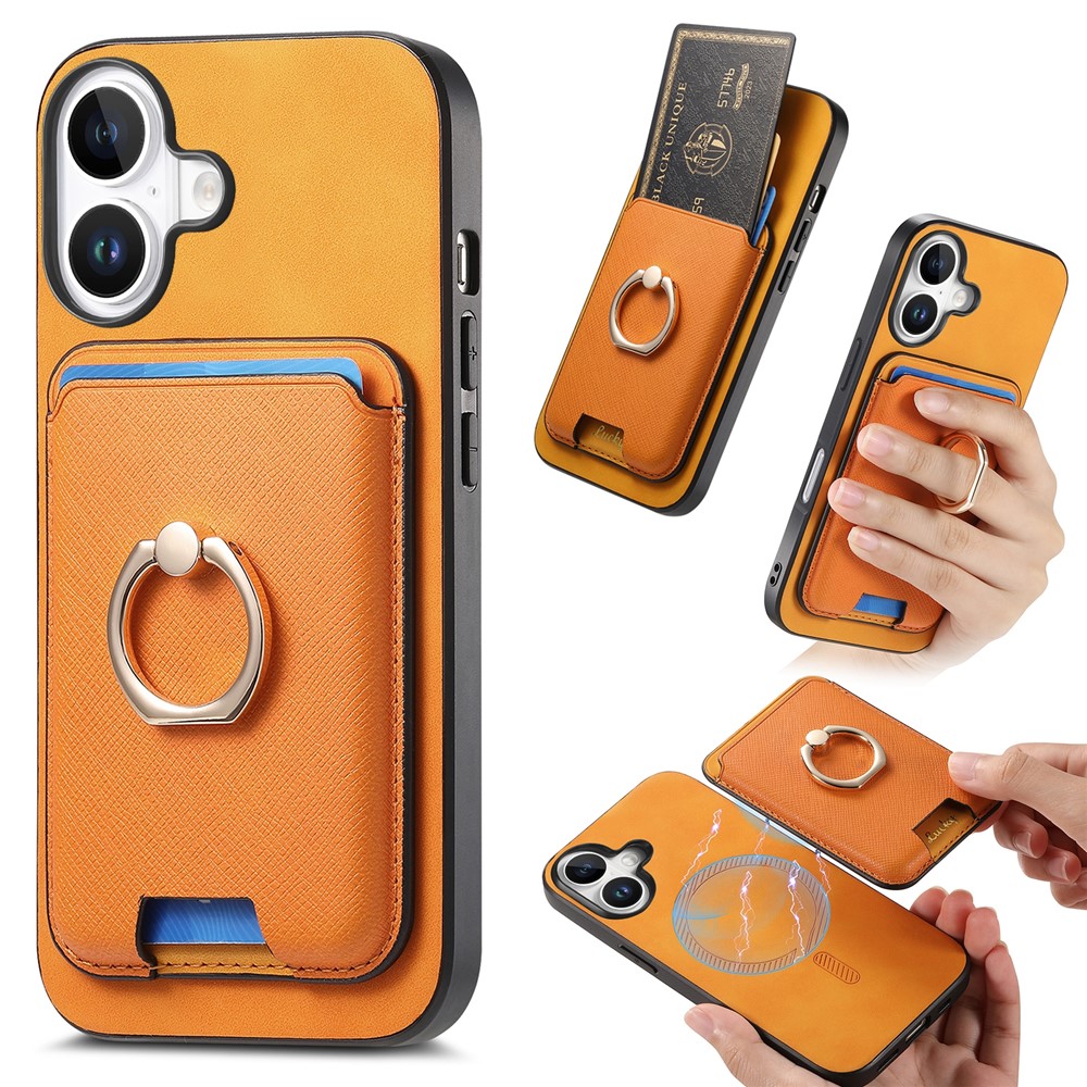 For iPhone 17 Magnetic Case Detachable Card Bag Leather Back Cover with Kickstand - Orange