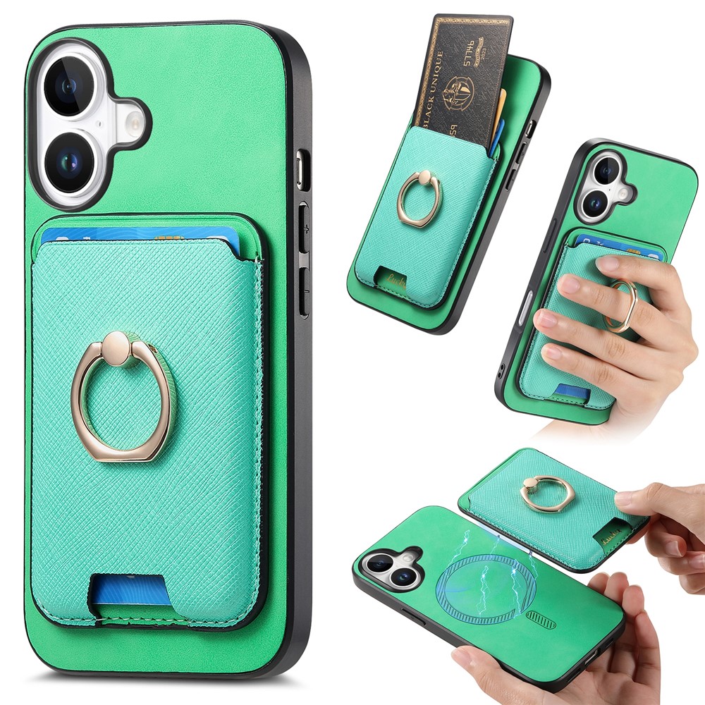 For iPhone 17 Magnetic Case Detachable Card Bag Leather Back Cover with Kickstand - Green