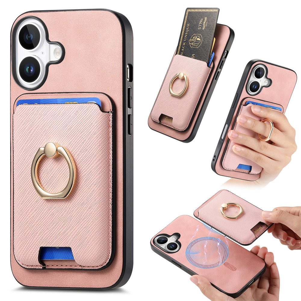 For iPhone 17 Magnetic Case Detachable Card Bag Leather Back Cover with Kickstand - Rose Gold