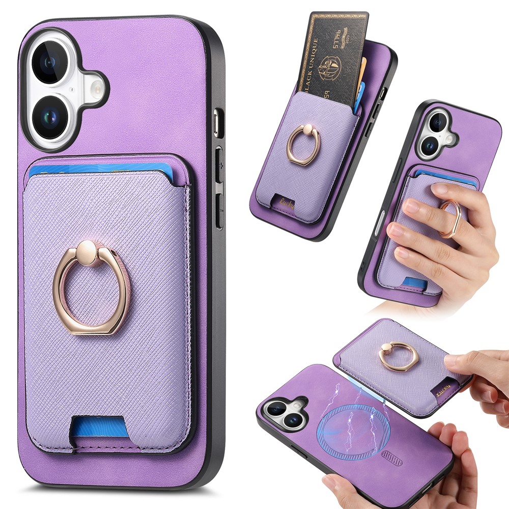 For iPhone 17 Magnetic Case Detachable Card Bag Leather Back Cover with Kickstand - Purple