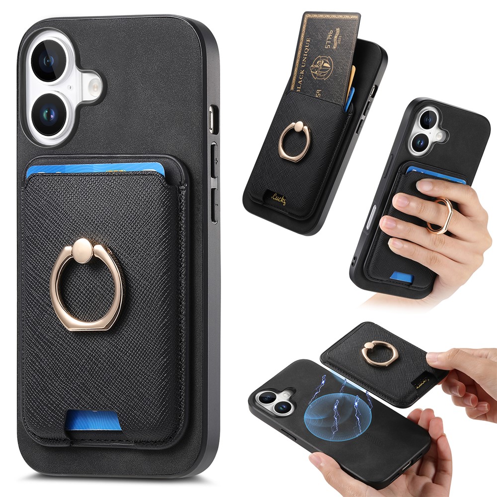 For iPhone 17 Magnetic Case Detachable Card Bag Leather Back Cover with Kickstand - Black